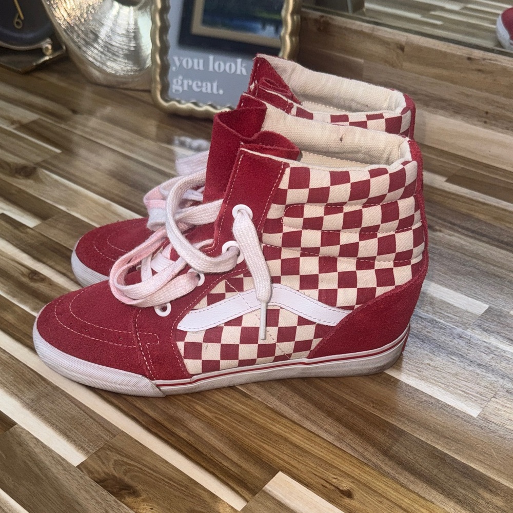 Vans Women's Red and White Checkered High-Top Sneakers
